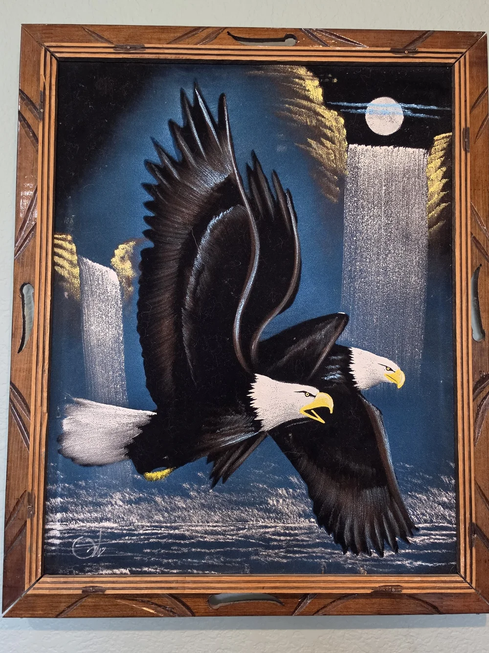 Vintage Black Velvet Oil Painting Wood Framed 23”x 19” Bald Eagle Moon Waterfall